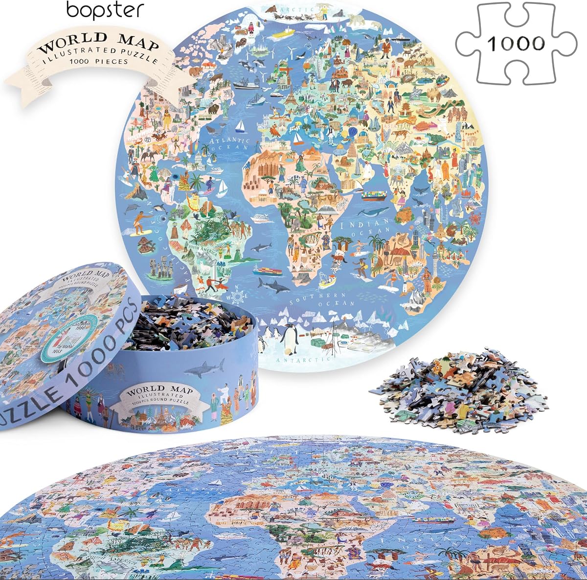 Illustrated Round World Map Puzzle — 1000 Pieces by bopster seen from the side