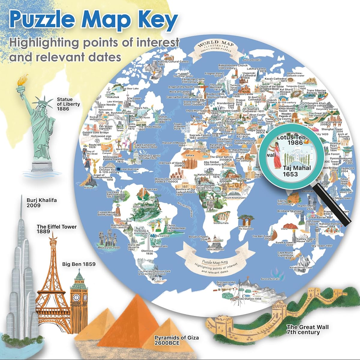 Illustrated Round World Map Puzzle — 1000 Pieces by bopster with the box