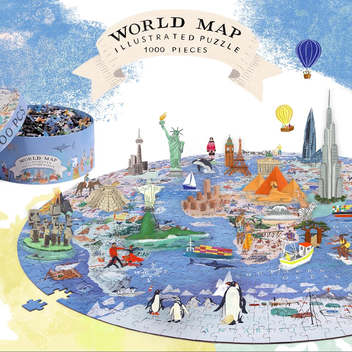 Illustrated Round World Map Puzzle — 1000 Pieces by bopster in the hand