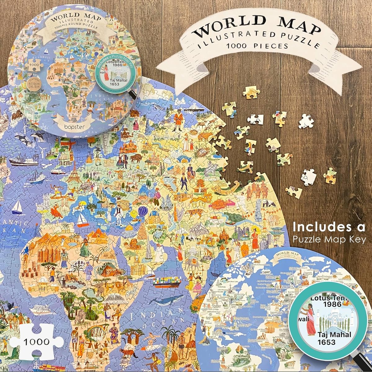 Illustrated Round World Map Puzzle — 1000 Pieces by bopster color line-up